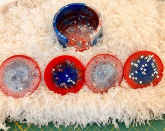 Glittery Resin Untersetzer-Set mit Halter | Rot, Weiß & Blau Glitter Untersetzer | Vierter Juli Dekor | Handgemachter Americana Drink