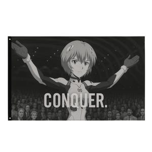 May include: Black and white flag featuring an anime character with arms outstretched, the word "CONQUER" in bold white letters. The character is wearing a white and black suit. A crowd of people is in the background.
