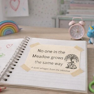 May include: A notebook with a spiral binding, coloured pencils, and a rainbow-shaped pencil case are on a wooden desk. A piece of paper with text and a drawing is taped to the notebook. A blue dinosaur figurine and a pink alarm clock are also on the desk.