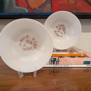 May include: Two white, vintage bowls with a floral design in pink and peach. The bowls are displayed on clear plastic stands. A book titled "Of Mid-Century Modern Houses" is visible in the background.