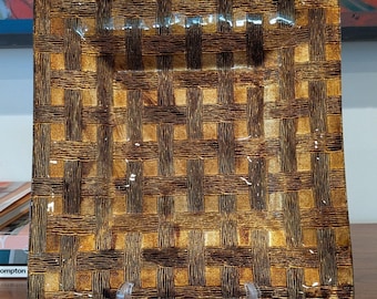 Amber Basketweave Glass Square Tray Bowl 11.5” Vintage Style 1980s Decor