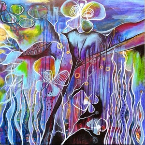 May include: Abstract painting with a purple, blue, and white color scheme. The painting features a variety of shapes and lines, including flowers, leaves, and swirls. The background is a dark blue color.