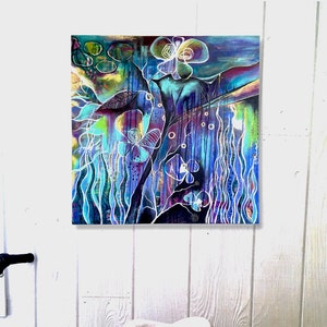 May include: Abstract painting with a blue, purple, and green color scheme. The painting features a variety of shapes and lines, including flowers, butterflies, and swirls. The painting is framed and hanging on a white wall.