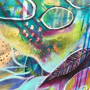 May include: Abstract painting with vibrant colors, including teal, turquoise, green, yellow, purple, and pink. The painting features organic shapes, lines, and textures, creating a dynamic and energetic composition.