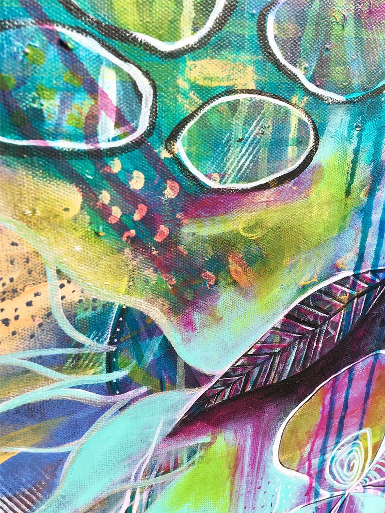 May include: Abstract painting with vibrant colors, including teal, turquoise, green, yellow, purple, and pink. The painting features organic shapes, lines, and textures, creating a dynamic and energetic composition.