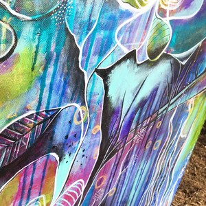 May include: Abstract painting with a vibrant mix of colors, including blue, green, purple, and gold. The painting features organic shapes and lines, creating a sense of movement and energy.