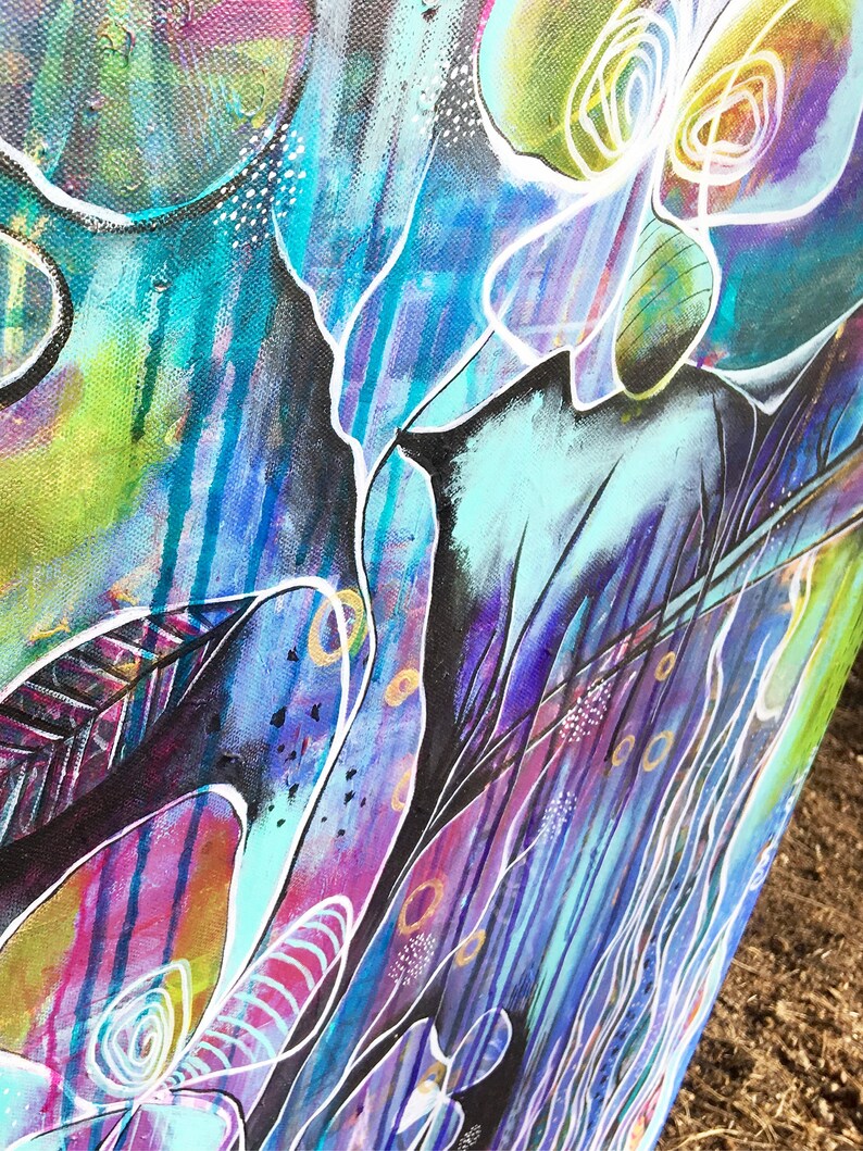 May include: Abstract painting with a vibrant mix of colors, including blue, green, purple, and gold. The painting features organic shapes and lines, creating a sense of movement and energy.