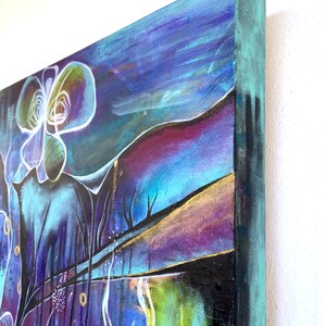 May include: Abstract painting on canvas with a blue, purple, and green color scheme. The painting features a large, white, organic shape in the center, surrounded by smaller, colorful shapes and lines.