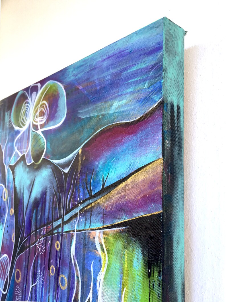 May include: Abstract painting on canvas with a blue, purple, and green color scheme. The painting features a large, white, organic shape in the center, surrounded by smaller, colorful shapes and lines.