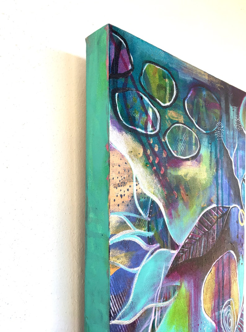 May include: Abstract painting on canvas with a teal, green, purple, and gold color scheme. The painting features a variety of shapes and textures, including circles, lines, and dots.