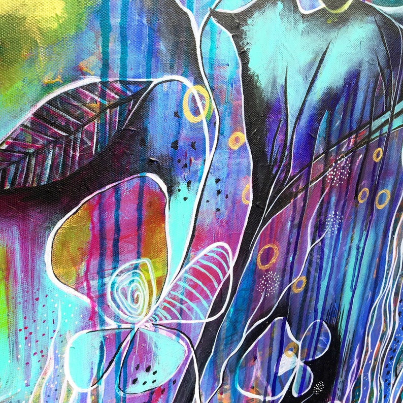 May include: Abstract painting with vibrant colors, including blue, purple, pink, and yellow. The painting features organic shapes and lines, creating a sense of movement and energy.