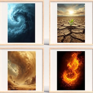 May include: Four framed art prints. The top left print features a swirling blue and white cloud formation. The top right print shows a green plant growing in cracked earth under a bright sun. The bottom left print depicts a desert scene with a sandstorm. The bottom right print shows a fiery phoenix.