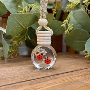 May include: A small, round, clear glass car air freshener bottle filled with liquid, containing two red ladybug figurines with black spots and small white dried flowers. The bottle has a light-colored wooden cap and a braided cord for hanging.