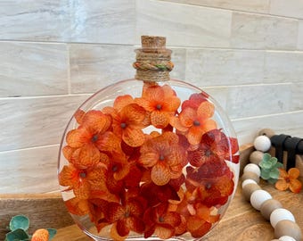 Burnt Orange Hydrangea Bottled Bouquet, Apothecary Bottle Decor, Bathroom Shelf Decor, Tabletop Floral Accent, Fall Home Decor, Unique Gifts