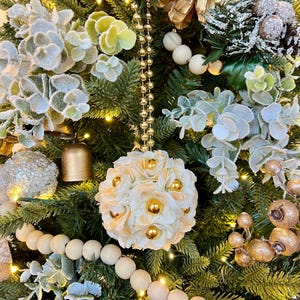 Ivory and Gold Christmas Ornament, Floral Tree Decoration, Tiered Tray Accent, Cabinet Knob Decor, Doorknob Hanger, Christmas Gift Idea
