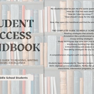May include: A handbook titled "Student Success Handbook" with text about reading, writing, and academic excellence. The book is for middle school students and includes strategies for success. The background shows a bookshelf.