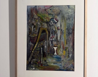 May include: Abstract painting in a gold-colored frame. The artwork features a complex composition with various shapes, lines, and colors, including red, yellow, and blue. The painting has a surreal, dreamlike quality, with a mix of organic and geometric forms.