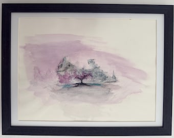 May include: A framed watercolor painting on paper featuring a soft lavender and white wash background. The central composition depicts a textured gray creature-like form positioned above a small, vibrant magenta tree-like shape.