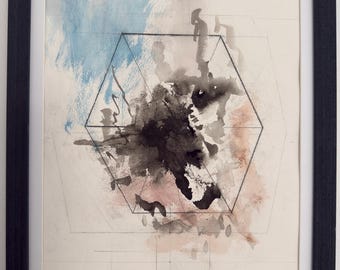 May include: Abstract watercolor painting in a black frame. The artwork features a central dark mass within a geometric outline, with blue, pink, and gray washes surrounding it. The artist's signature, "DAN", is in the lower right corner.