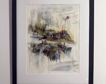 May include: Abstract watercolor painting in a black frame. The artwork features a landscape with muted tones of gray, brown, and green, with a hint of red. The painting is framed with a white mat.