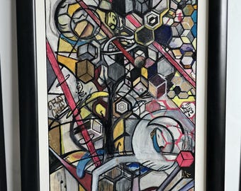 May include: A framed abstract drawing featuring a complex composition of geometric shapes, including hexagons, cubes, and intersecting lines in black, yellow, red, and blue. The artwork contains handwritten text elements and layered patterns.