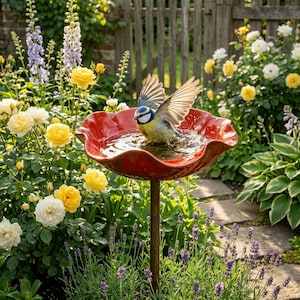May include: A red, ruffled-edge bird bath with a small blue and yellow bird bathing in the water. The bird bath is on a brown metal stand, set in a garden with yellow and white roses, and purple lavender. The garden setting is framed by a wooden fence.