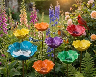 Estaca de jardín con forma de flor para bebedero de pájaros, comedero decorativo para pájaros, decoración de jardín para polinizadores, bebedero para pájaros de exterior, plato de agua para abejas y mariposas.