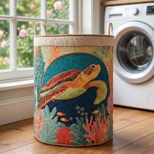 Könnte beinhalten: Ein zylindrischer Wäschekorb mit einem Meeresschildkröten-Design. Der Korb hat ein gestepptes Muster mit einem beigen Oberteil und Griffen. Die Schildkröte ist in Orange-, Grün- und Brauntönen vor blauem Hintergrund mit Korallen und Fischen dargestellt.