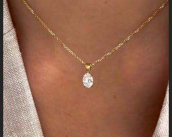 Oval Diamond Solitaire Necklace in 14K Solid Gold • Dainty Everyday Necklace