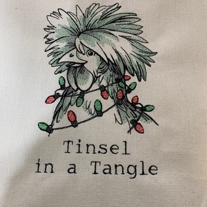 New Tea Kitchen towel embroidered Christmas rooster Don’t get your tinsel in a tangle