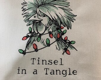New Tea Kitchen towel embroidered Christmas rooster Don’t get your tinsel in a tangle