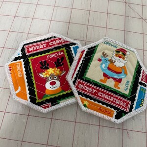 Set of 2 NEW Embroidered quilted coasters Christmas Hawaii Fabric