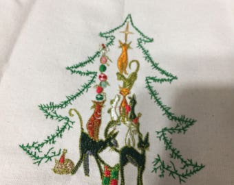 New Tea Kitchen towel embroidered CHRISTMAS CATS tree