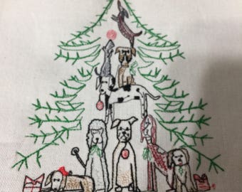 New Tea Kitchen towel embroidered CHRISTMAS DOGS  tree