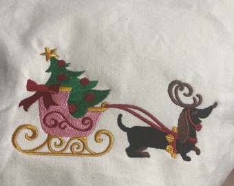 New kitchen tea towel with Christmas dachshund doxie Pulling a Sled