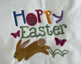 NEW Tea Towel embroidered Easter HOPPY EASTER