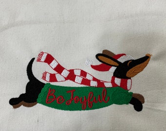 New kitchen tea towel with Christmas dachshund doxie Be JOYFUL