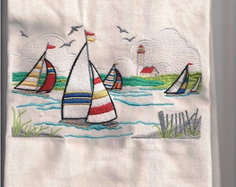 3 Pack Sail Boat Design Kitchen Hand Tea Towel in Blue 100% Cotton 50cm x 65cm