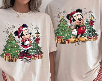 Maglietta natalizia Disney con Topolino e Minnie, graziosa maglietta con grafica di albero di Natale invernale, top coordinato, regalo festivo coordinato con felpa