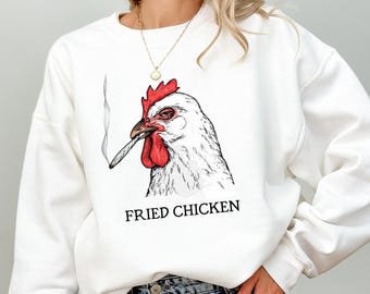 Fried Huhn Sweatshirt, Lustig rauchender Hahn Rundhalsausschnitt, Stoner Humor Shirt, sarkastisches Huhn Grafik T-Shirt, Retro Kleidung, Unkraut Geschenk