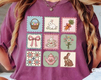 Osterhase Kokette Shirt, süßes Häschen Tee Party T-Shirt, Cottagecore Ostergeschenk, Patchwork ästhetisches Häschen Shirt, Retro Frühling Blumen Top