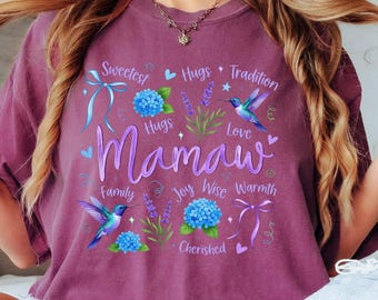 Mamaw Shirt, Hummingbird and Floral Grandma Tee, Mother's Day Gift for Mamaw, Personalized Grandmother T-shirt, Flower Mamaw Gift