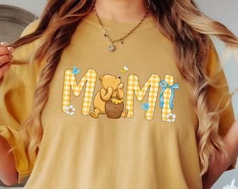 Winnie Pooh Großmutter T-Shirt, Gelbes Gingham Mimi T-Shirt, Muttertagsgeschenk für Mimi, süßes Bären-Kleid, Honigbär Mimi