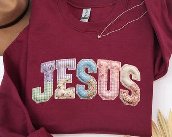 Jesus Patchwork Sweatshirt, floraler christlicher Rundhalsausschnitt, Boho religiöses T-Shirt, glaubensbasiertes Kleid, Blumenpatch Jesus Geschenk, Kokett Ästhetik