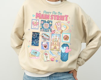 Meet Me On Main Street Shirt, Pastel Disney World Elements Tee, Magical Kingdom Castle Monorail Sweatshirt, Disney Snacks Vacation Gift