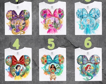 Camiseta de acuarela de princesas Disney con orejas de Mickey, camiseta para vacaciones familiares de Disney, Rapunzel, Elsa, Bella, Ariel, Moana, Mulán, camisetas para grupos de viajes a Disney.