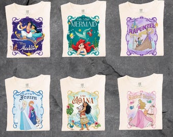 Disney Prinzessinnen Shirt, Retro Film Poster T-Shirt, Cinderella Ariel Belle Mulan Moana Tiana Rapunzel Elsa, Disney Familienurlaub Geschenk
