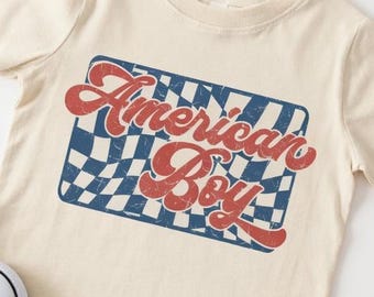 Retro American Boy Toddler Shirt, Checkered 4th of July Kids Tee, Patriotic Boys T-Shirt, Independence Day Baby Outfit, USA Kids Top