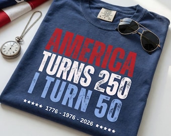 Personalized Comfort Colors America 250 Anniversary Shirt, 50th Birthday Gift Tee, Patriotic Vintage Style, July 4th Celebration Apparel
