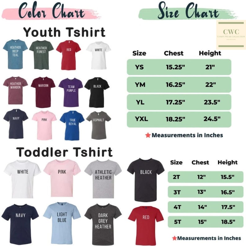 May include: A color chart and size guide for youth and toddler t-shirts. The color chart displays various t-shirt colors, including red, black, and pink. The size chart provides chest and height measurements in inches for different sizes.